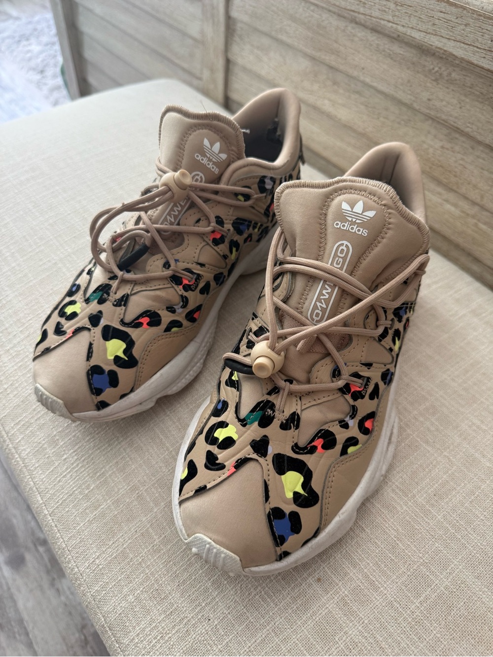 adidas Kids Beige Leopard Print Sneakers with Neon Accents